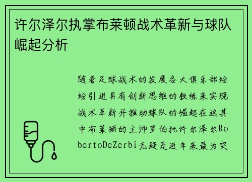 许尔泽尔执掌布莱顿战术革新与球队崛起分析